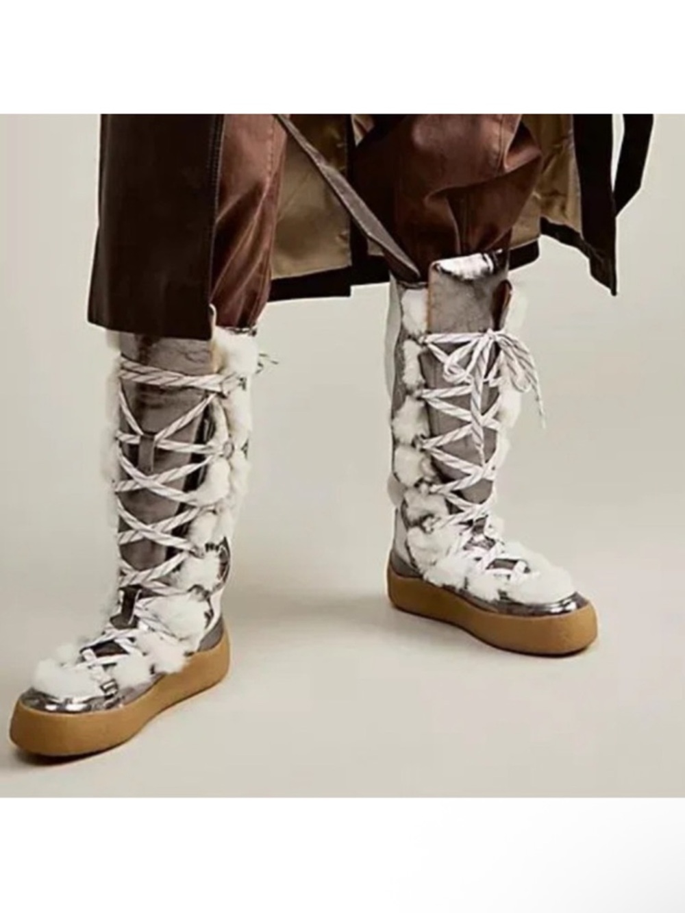 Free People Metallic Silver Fur-Trim Lace-Up Winter Boots